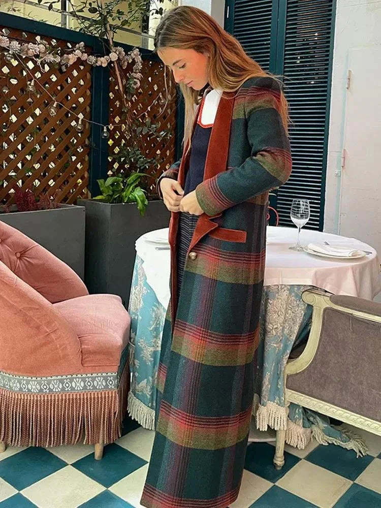 Women's fashion colorful plaid woolen overcoat with patchwork design and turn-down collar.