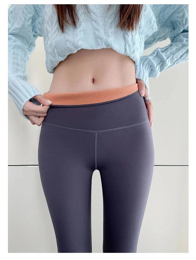 High waist thin rabbit fleece shark leggings for women, featuring elastic pressure fit and seamless design for winter warmth.