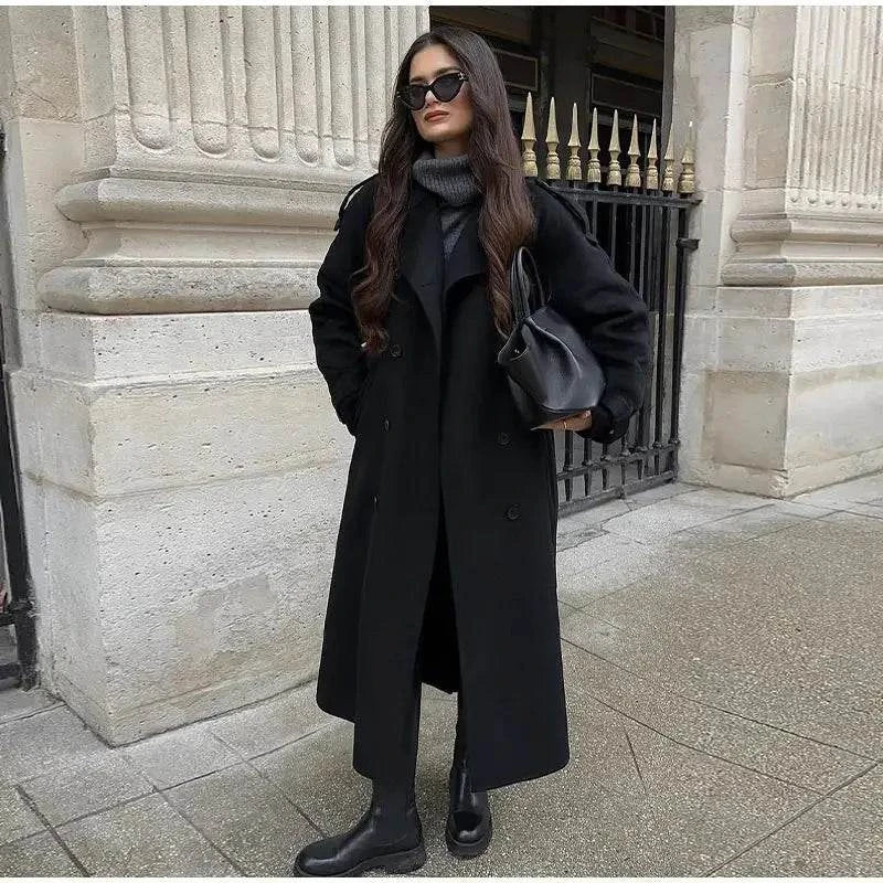 Elegant Black Woolen Long Coat with Belt