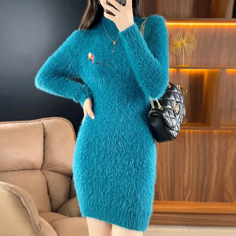 Autumn Winter Imitation Mink Fleece Sweater Dress