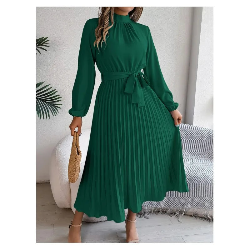 Elegant Stand-Up Collar Pleated Long Dress