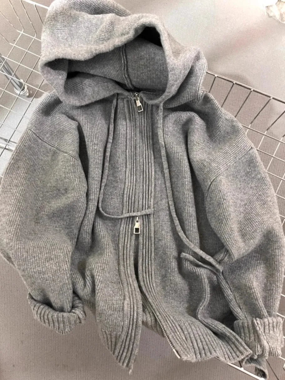 Gray Hooded Sweater Coat for Women