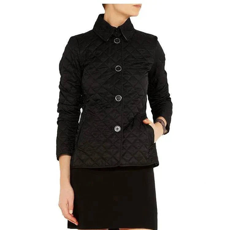 Quilted winter coat for women with turn-down collar and single-breasted design.