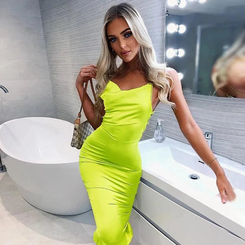 Neon Satin Lace-Up Midi Dress