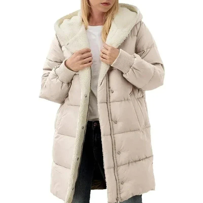 Cotton-padded velvet fleece parka for women, hooded, slim-fit, long-sleeved, winter coat.