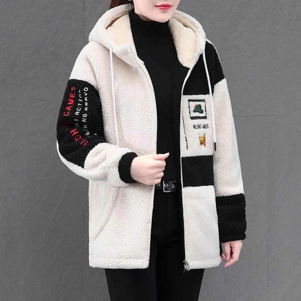 Colorblock Plush Hooded Coat for Women