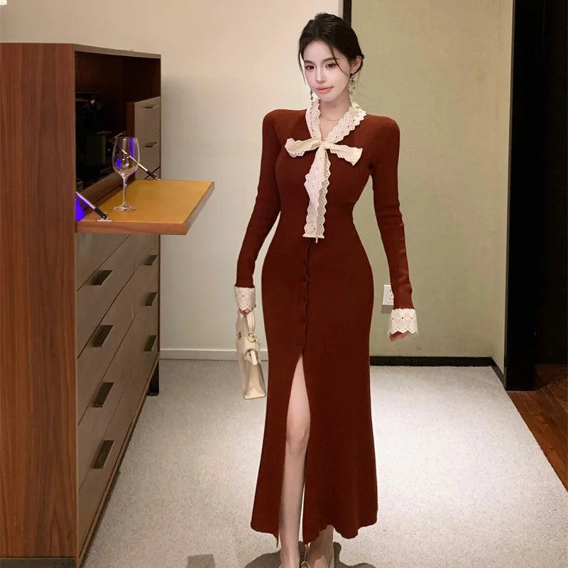 New Autumn Winter Women's V Neck Knitted Long Sleeve Dress