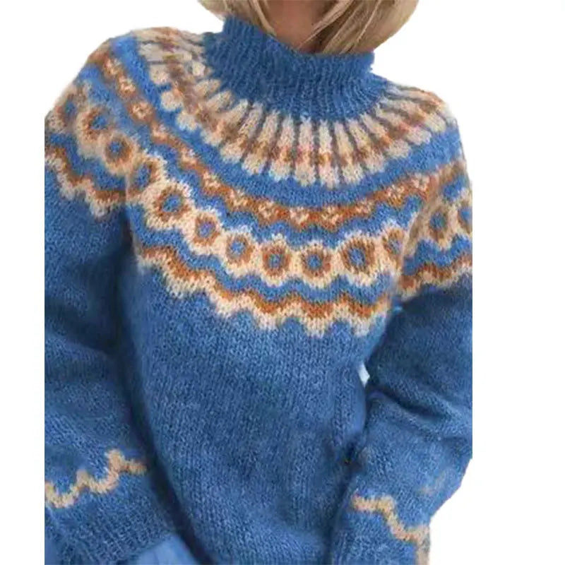 Women's Striped High Roll Neck Knitted Sweater