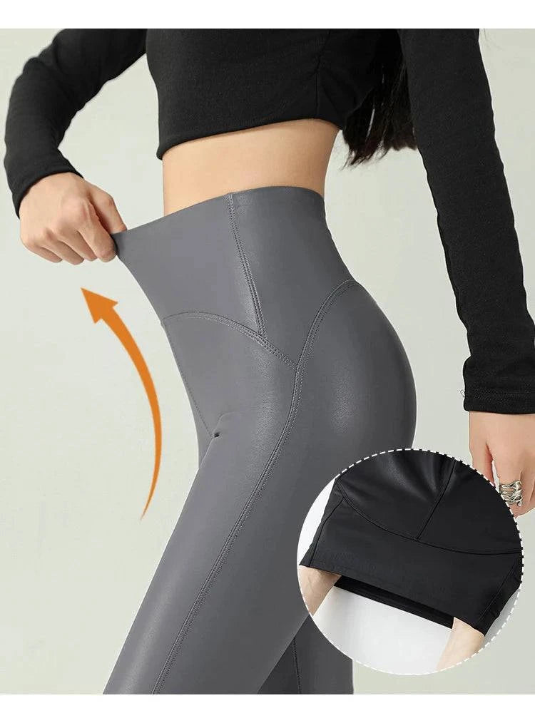 Fall Winter High-Grade Fleece PU Leather Leggings