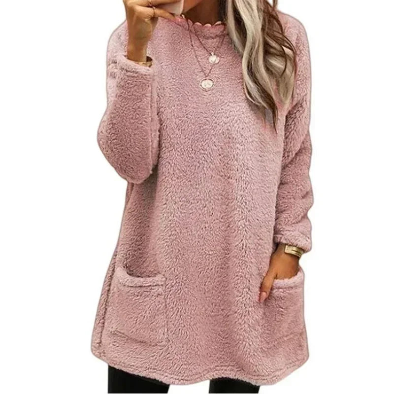 Autumn Winter O Neck Pullover Plush Hoodie for Women