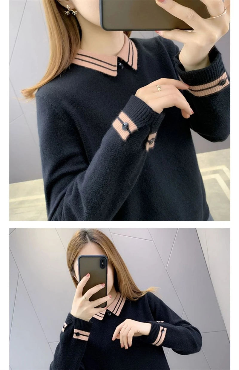 New Autumn Winter Contrast Color Doll Collar Sweater for Women