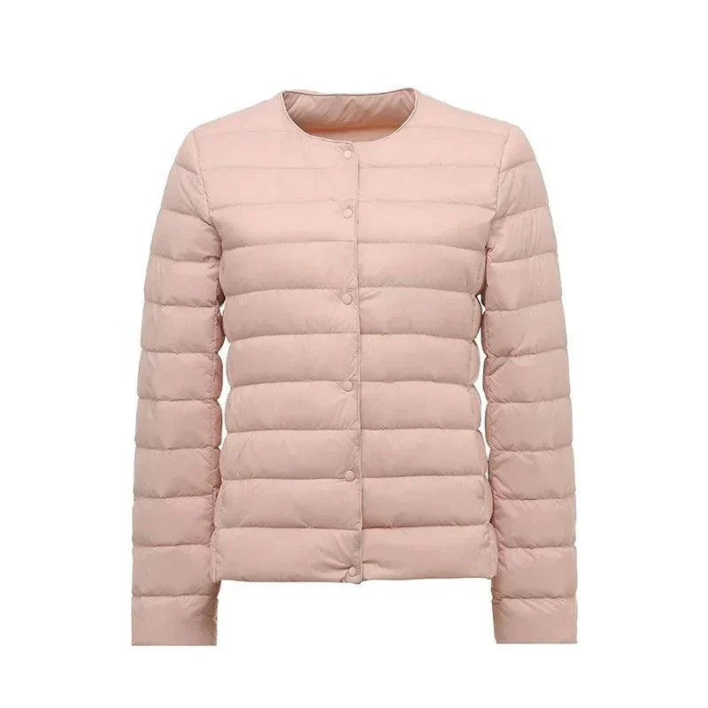 Ultralight warm women’s puffer jacket with O-neck and front zipper.