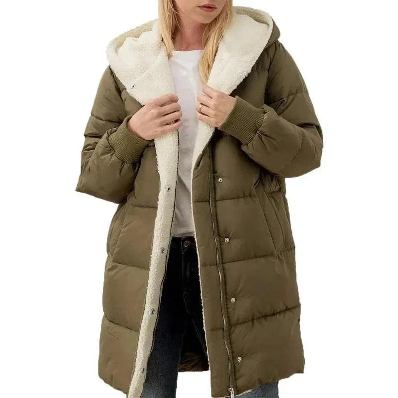 Women's hooded slim-fit velvet fleece parka with cotton padding for winter.