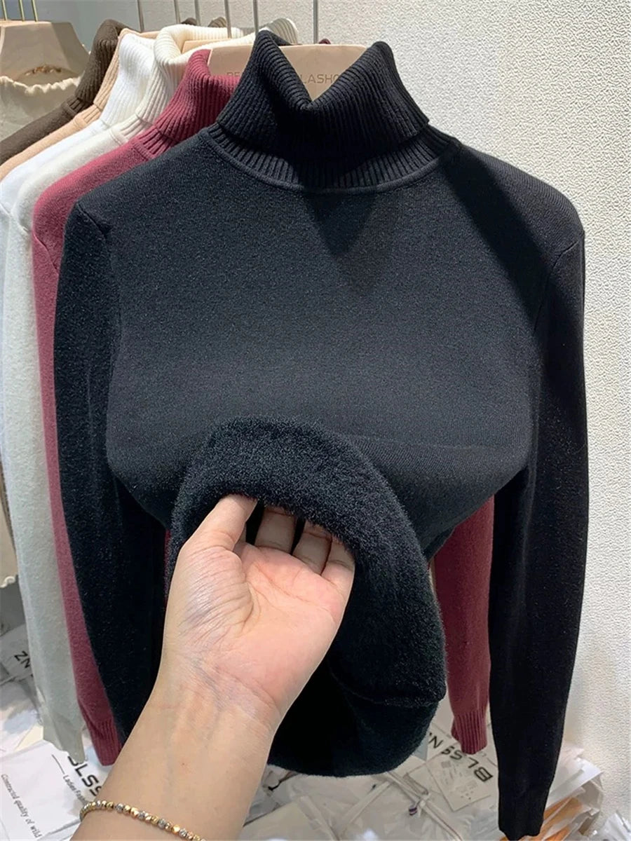 Elegant Velvet Lined Turtleneck Sweater for Women