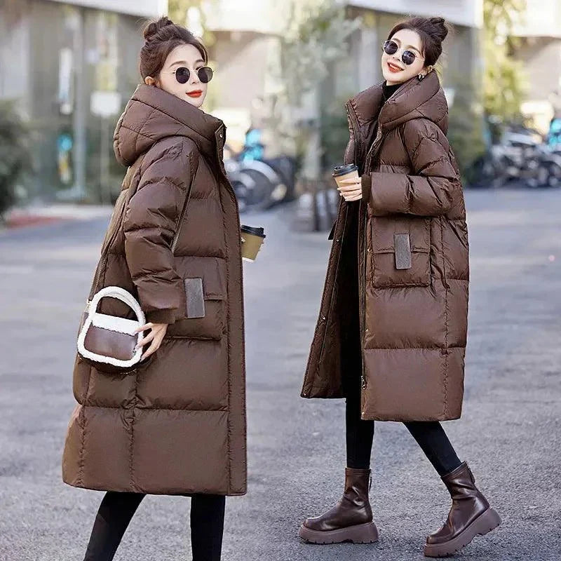 Korean long puffer jacket, winter parka, brown, Alfadarling, 2024 fashion.