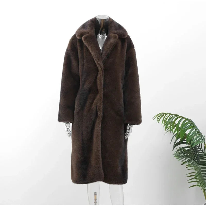 Dark Brown Faux Fur Long Overcoat for Women