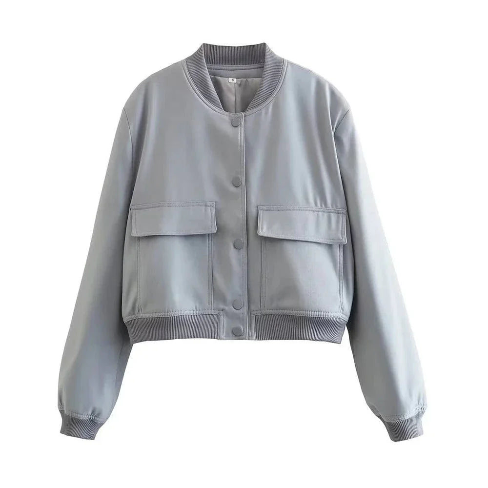 Women's vintage-inspired bomber jacket with pockets, long sleeves, and front button closure for casual chic style.