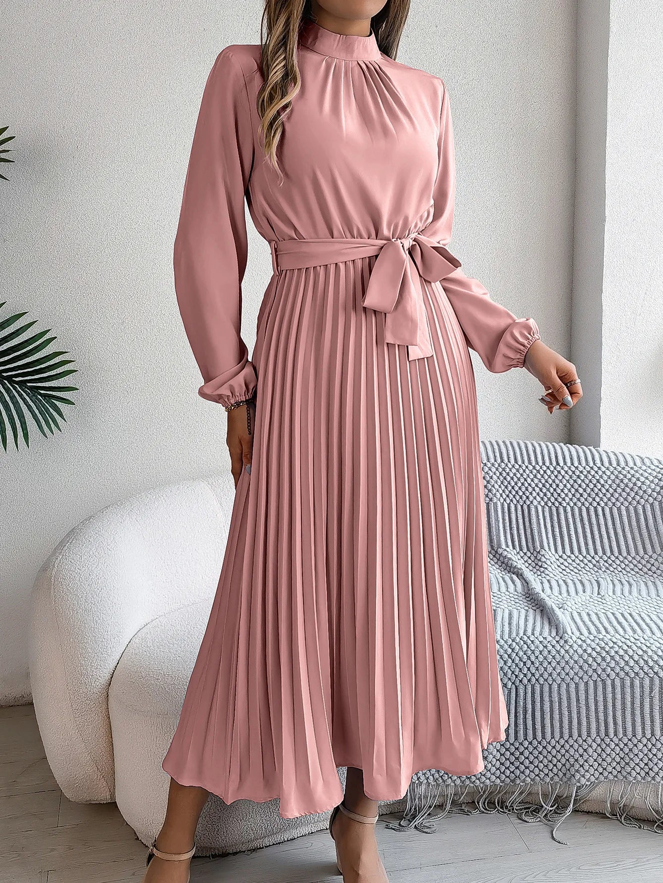 Elegant Stand-Up Collar Pleated Long Dress