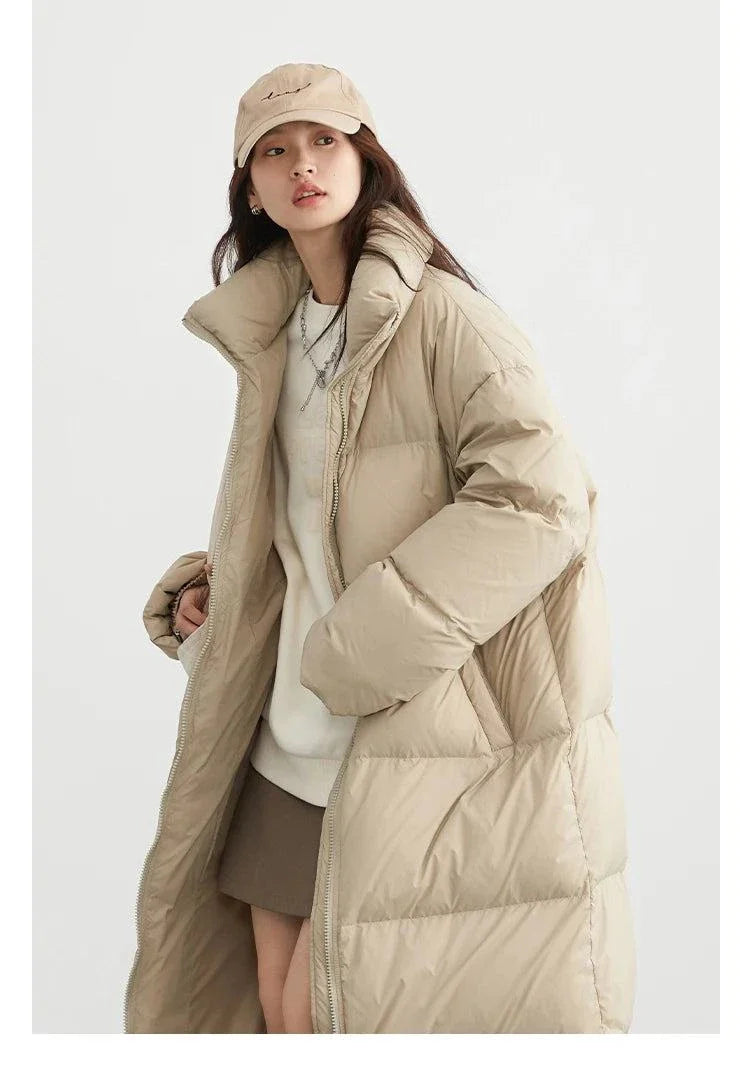 Women’s long down coat, thick and warm, casual loose fit, autumn winter 2023 jacket.