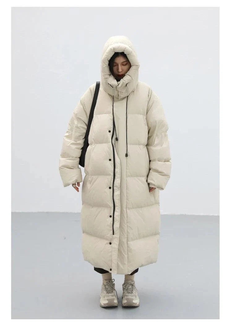 Women's long hooded down coat in Korean style, thick and warm for winter.