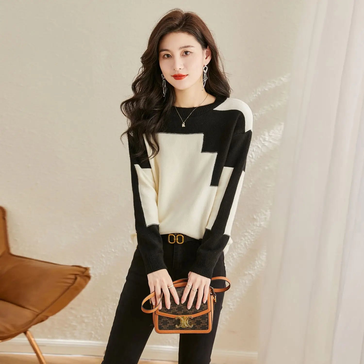 Autumn Winter Oversized Contrast Color Sweater for Women