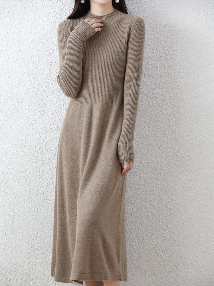 Autumn Winter Women's Wool Mock Neck Dress