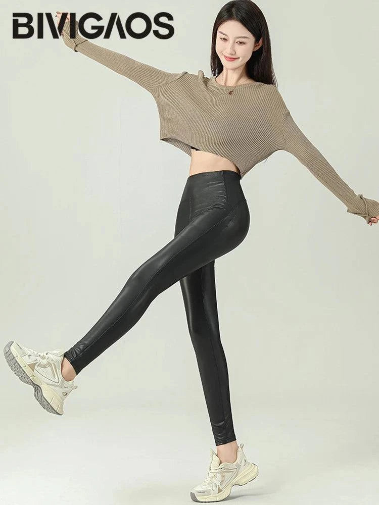 Fall Winter High-Grade Fleece PU Leather Leggings