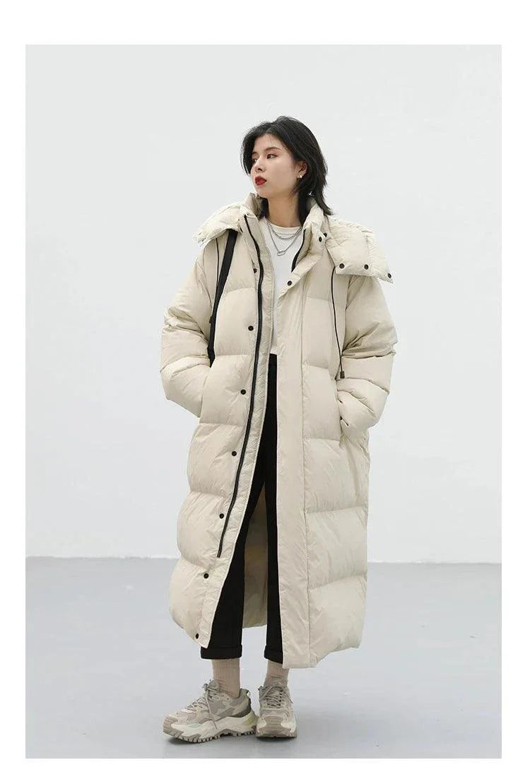 Women's Korean loose hooded long winter down coat, thick and warm.