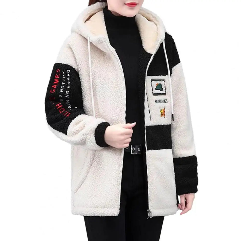 Colorblock Plush Hooded Coat for Women