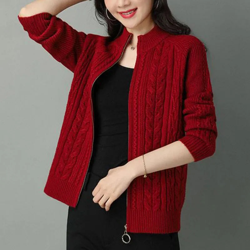 Half High Collar Zipper Knitted Cardigan Jacket for Women