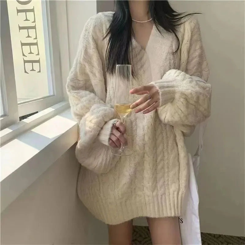 Autumn Winter Oversized V-Neck Knitted Sweater