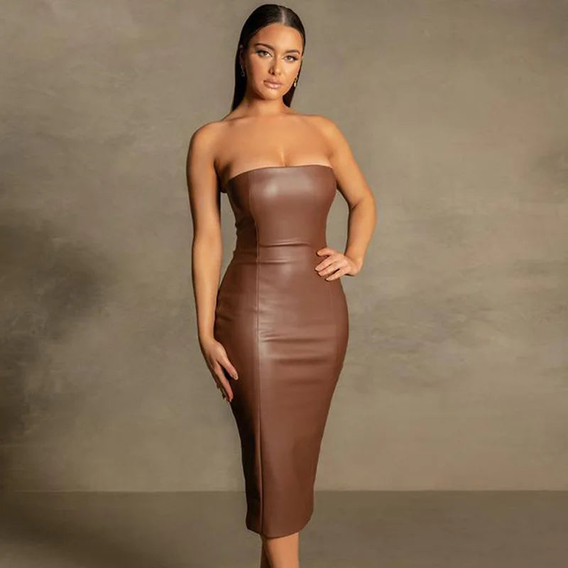 Slim Fit PU Leather Mid-Length Dress