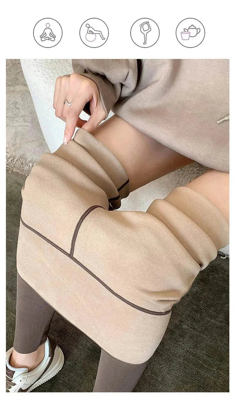 Women's thin rabbit fleece leggings with high waist design, showcasing cozy beige warmth and seamless construction for autumn and winter wear.