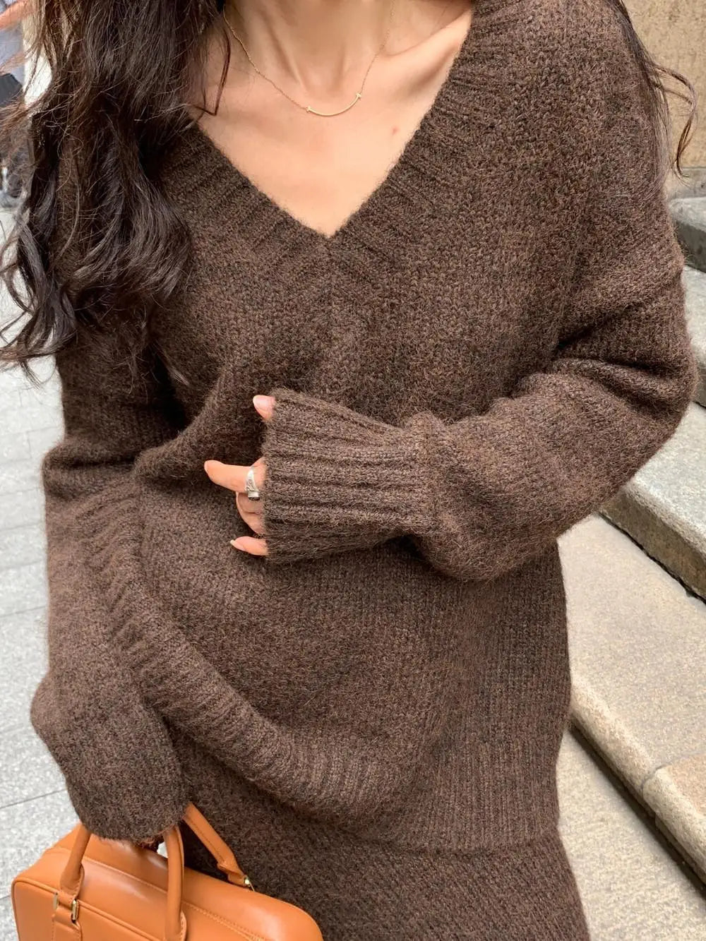 Cozy V-Neck Sweater and Skirt Set