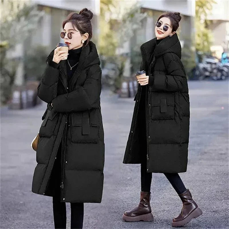 Long Korean puffer jacket for women, featuring a stylish winter parka design with premium cotton insulation, ideal for 2024 fashion trends.