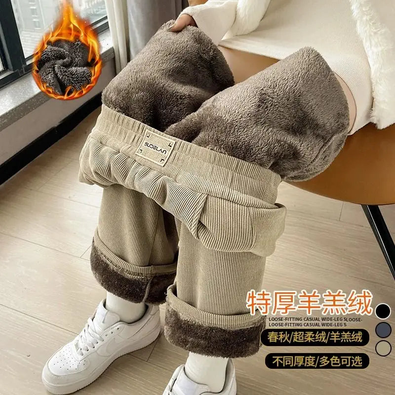 Winter Warm Lambswool High Waist Wide Leg Pants for Women