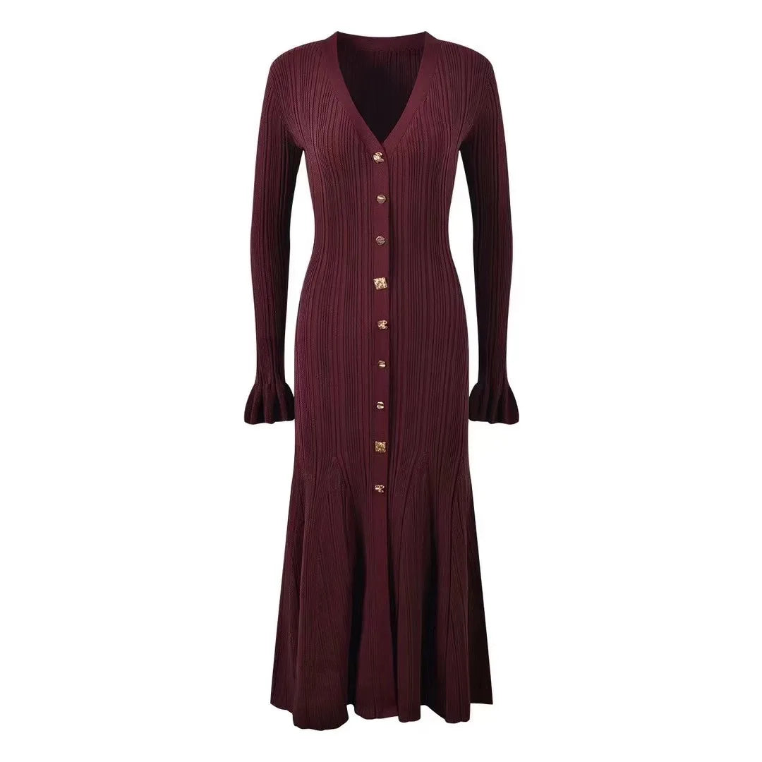 New Autumn Winter Women's V Neck Knitted Long Sleeve Dress