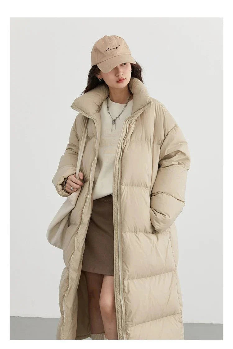 Women's long down coat, thick and warm for autumn/winter, loose casual jacket, beige color.