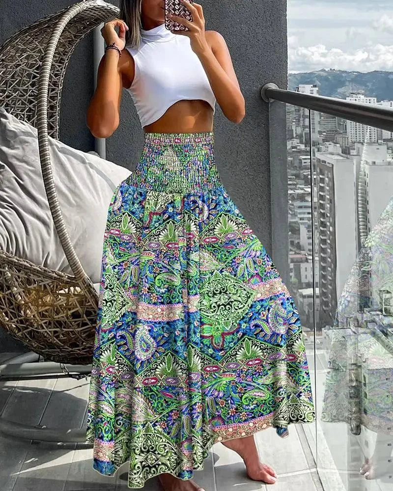 Boho Print Elastic High-Waist Skirt