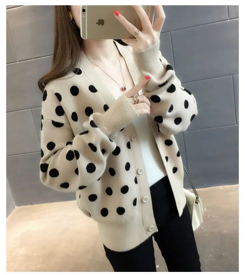 Women’s Autumn Winter Polka Dot V-neck Knitting Cardigan | Alfadarling