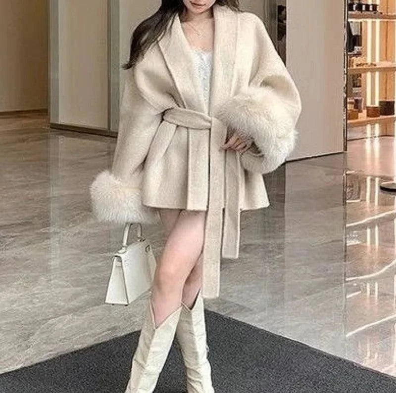 Winter New Loose Fit Lazy Style Chic Fashion V-neck Blend Coat