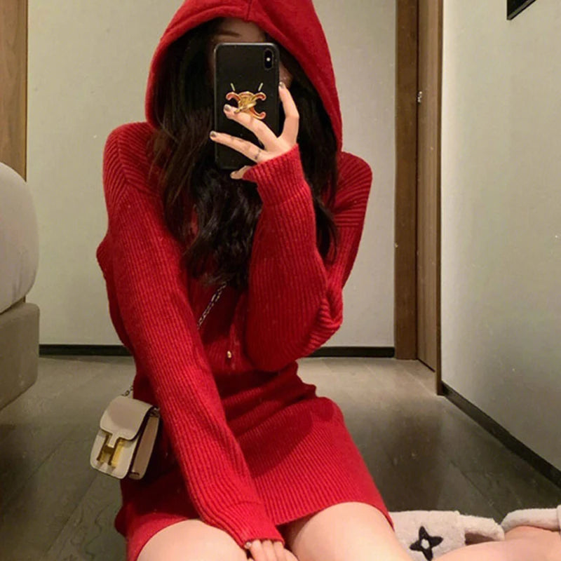 Autumn & Winter Red Hooded Knitted Dress