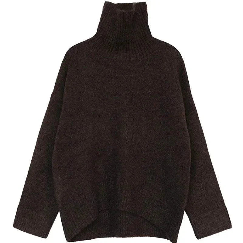 Women's loose turtleneck pullover knit sweater, solid color, warm and cozy for autumn and winter.