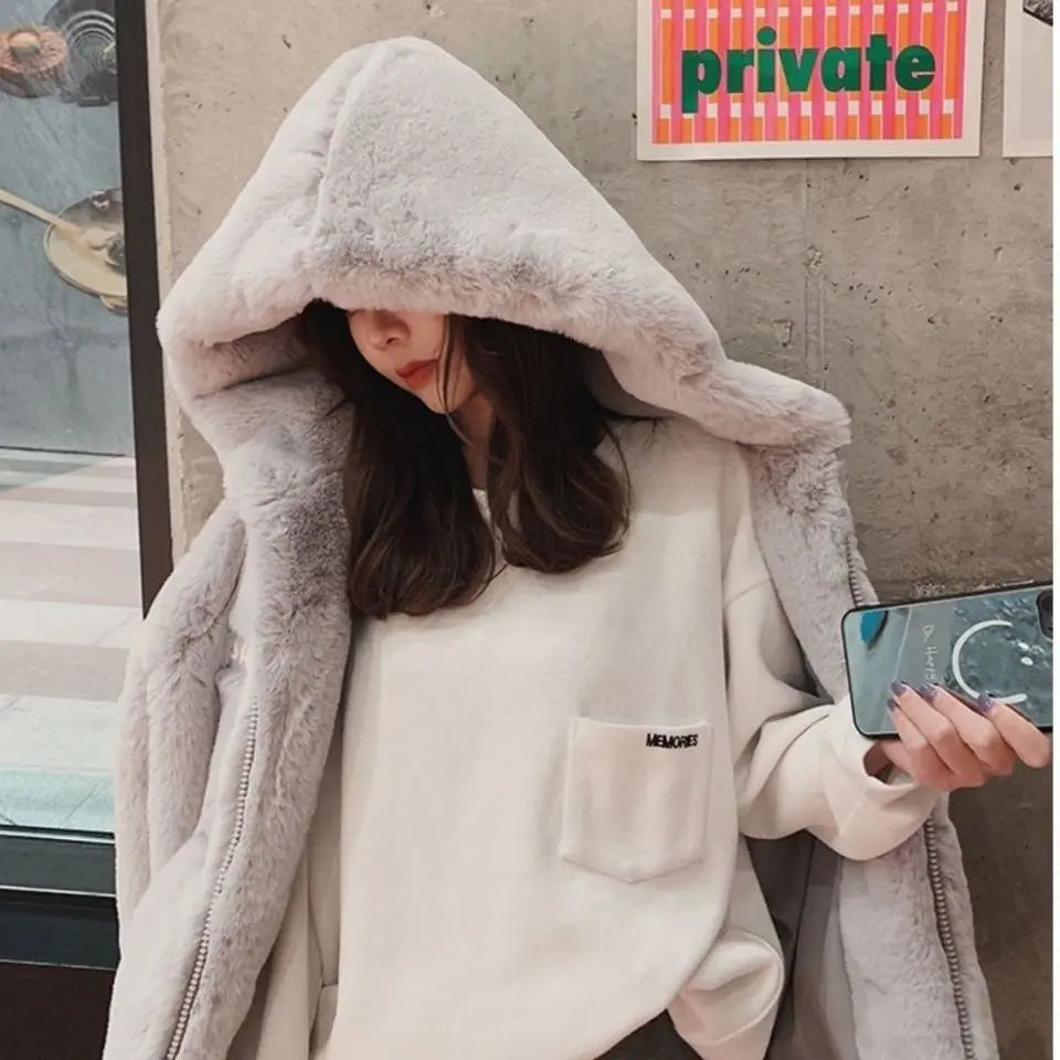 Women's Plush Faux Rabbit Fur Hooded Coat