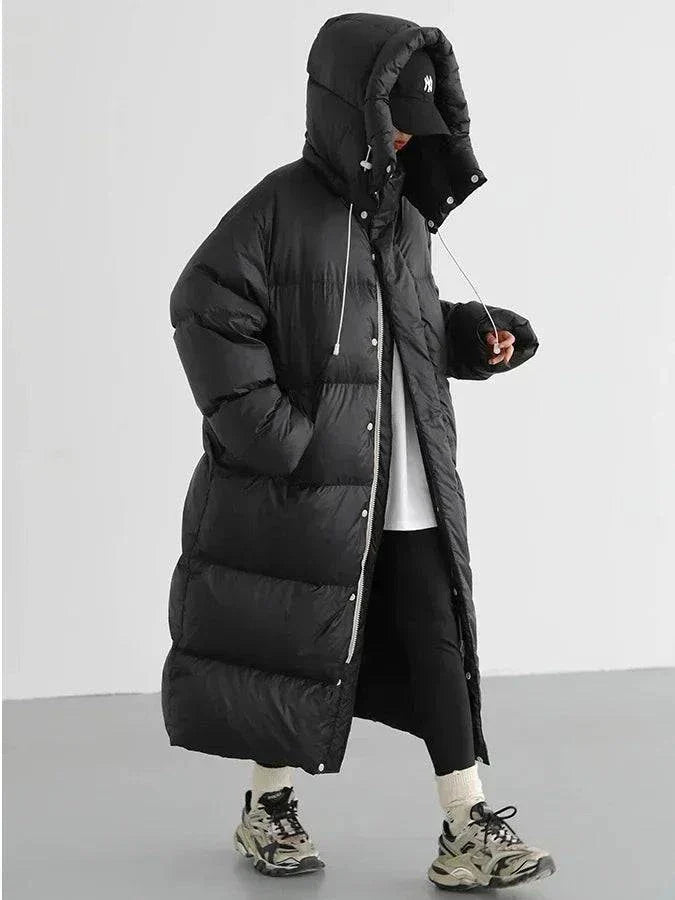 Women's down coat, Korean loose hooded long winter jacket, thick warm black design.