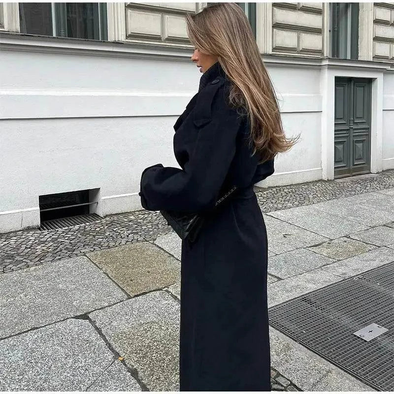 Elegant Black Woolen Long Coat with Belt