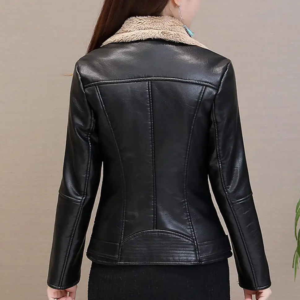 Plush Lapels Faux Leather Jacket for Women