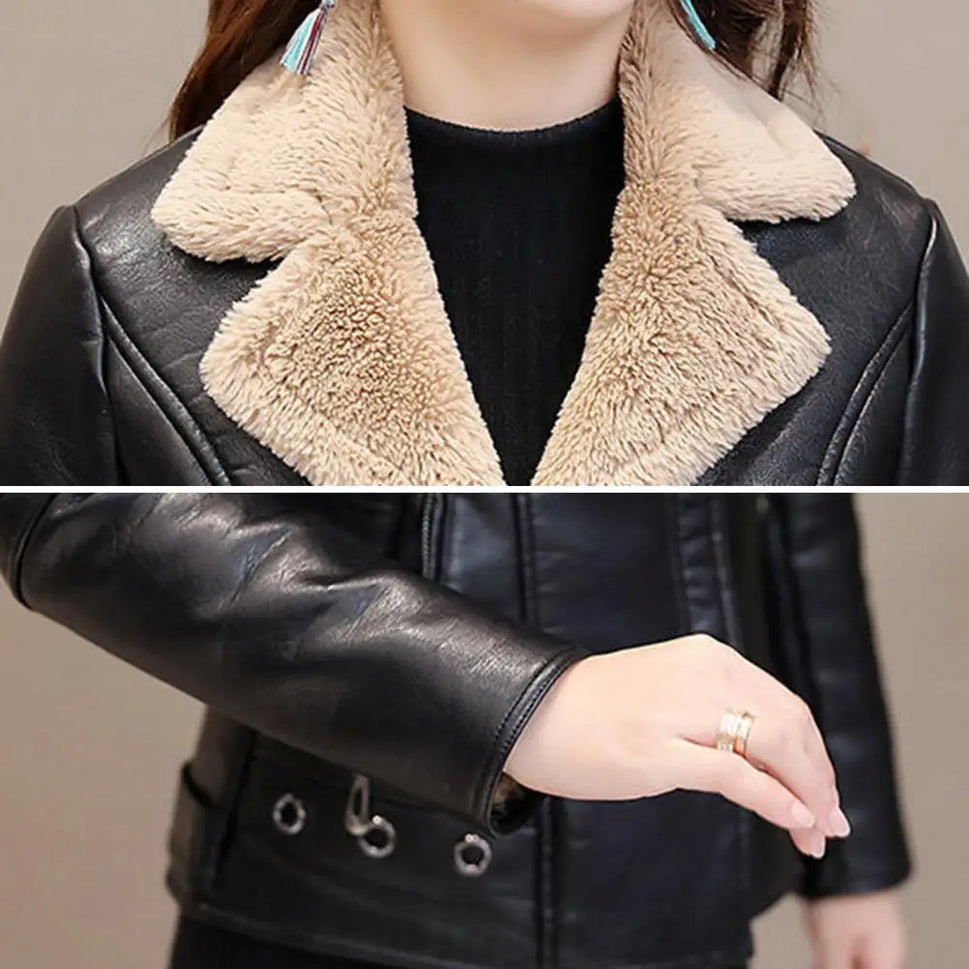 Plush Lapels Faux Leather Jacket for Women