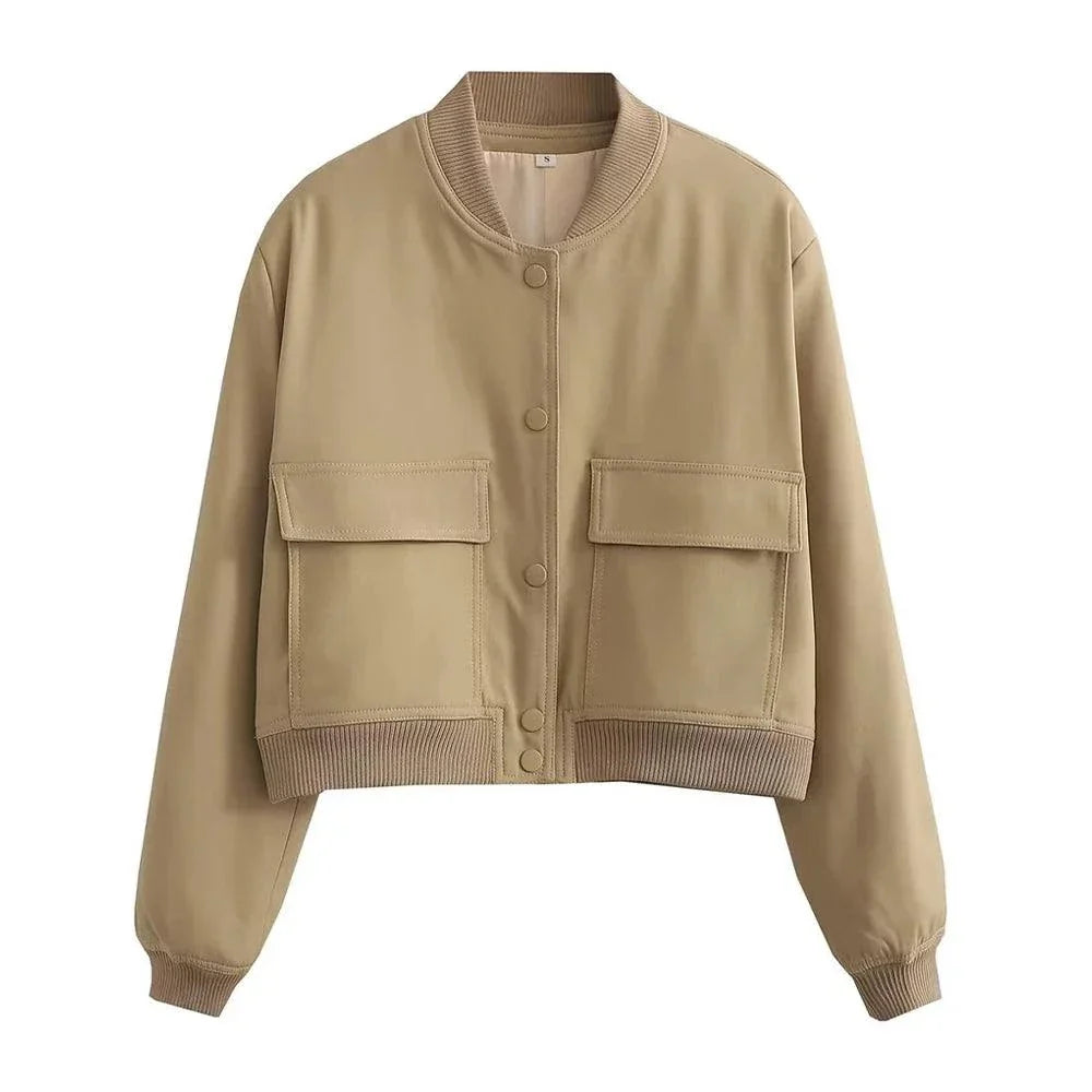 Women's fashion bomber jacket with pockets, vintage-inspired, long sleeves, front button, chic casual outerwear for modern women.