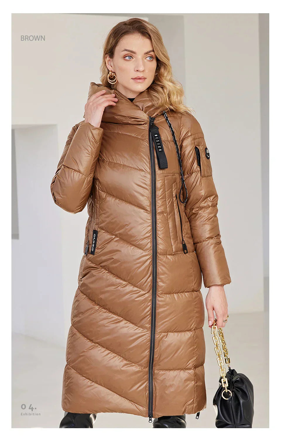 Women's brown winter jacket, warm and windproof, slim fit with zipper closure.